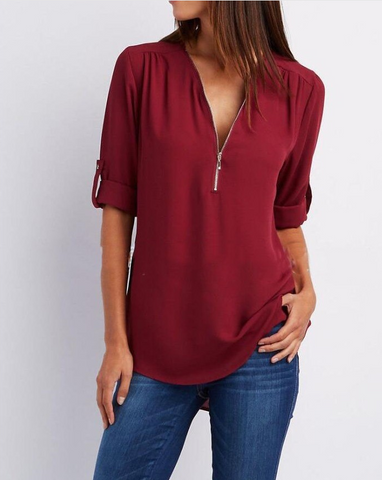Zip V-neck Shirts Women Short Sleeve Loose Tops