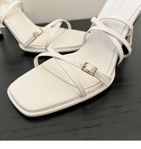 Summer White Square Toe Thin Strap High Heel Sandals