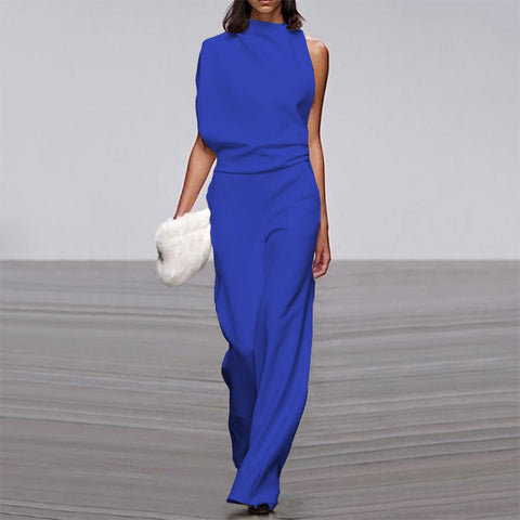 Solid Color One-Shoulder Pile Collar Jumpsuit