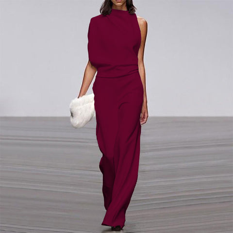 Solid Color One-Shoulder Pile Collar Jumpsuit