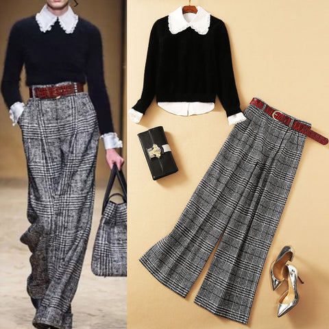 New Style Wooden Ear Shirt With Mohair Sweater And Plaid Wide-leg Pants Three-Piece Suit