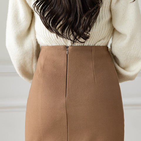 Irregular Skirt Woolen Slit Pack Hip