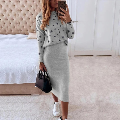 Long Sleeve Printed Turtleneck Tight Casual Hip Skirt