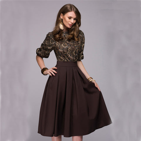 Ladies Vintage Crinkle Print Contrast Dress