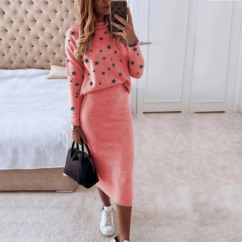 Long Sleeve Printed Turtleneck Tight Casual Hip Skirt