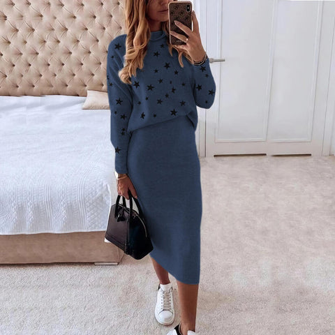 Long Sleeve Printed Turtleneck Tight Casual Hip Skirt