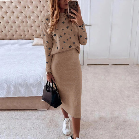 Long Sleeve Printed Turtleneck Tight Casual Hip Skirt