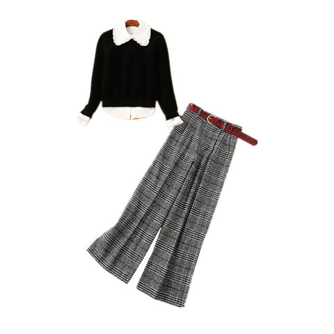 New Style Wooden Ear Shirt With Mohair Sweater And Plaid Wide-leg Pants Three-Piece Suit