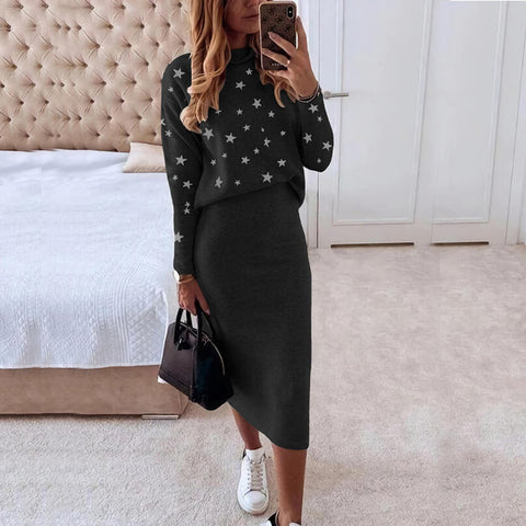 Long Sleeve Printed Turtleneck Tight Casual Hip Skirt