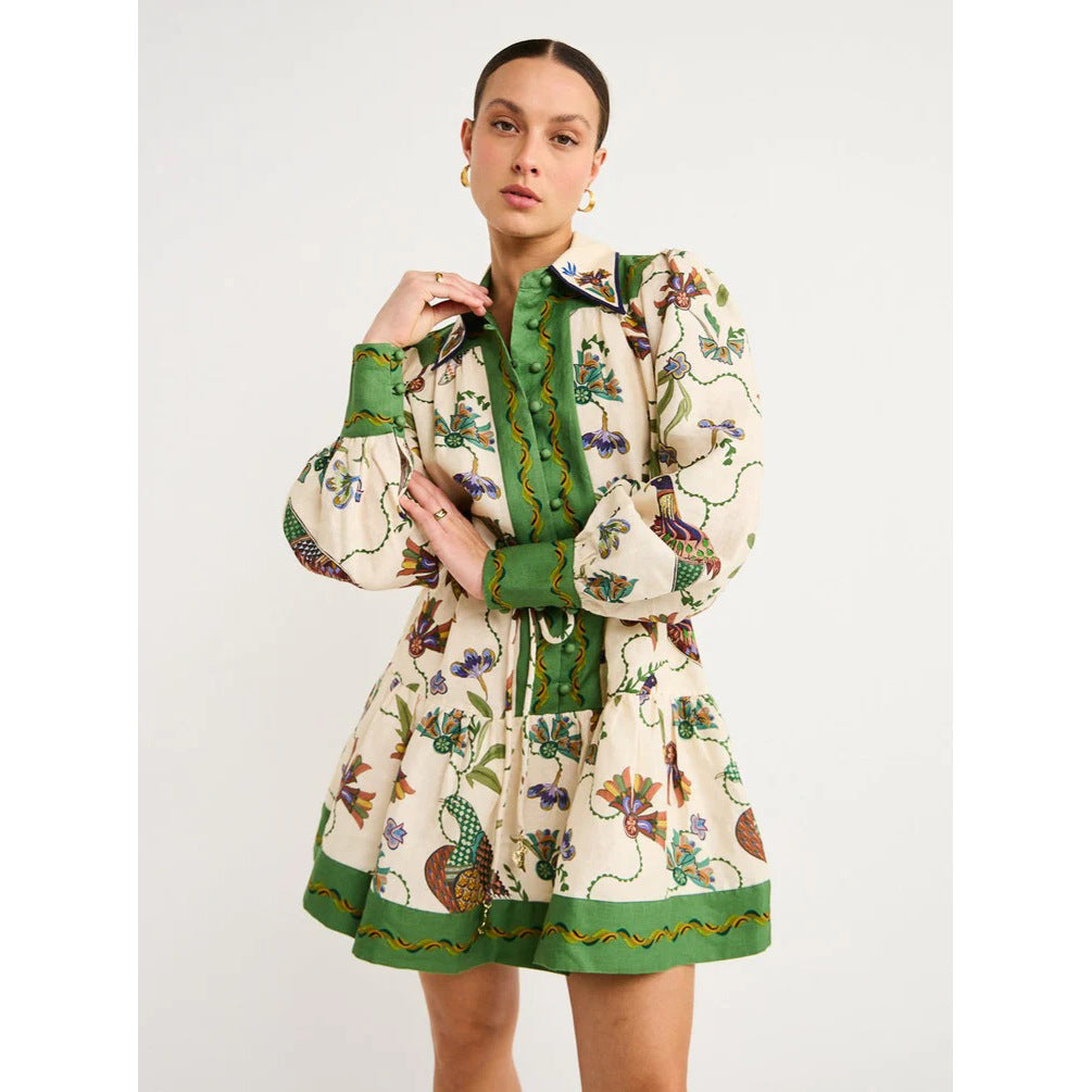 Long Sleeve Printing Lapel Dress