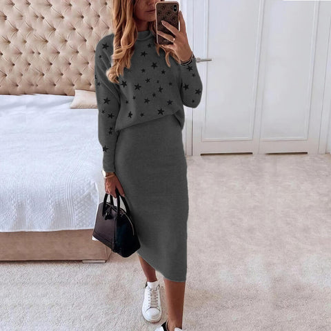 Long Sleeve Printed Turtleneck Tight Casual Hip Skirt