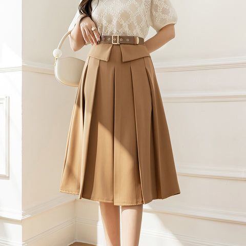 Women Hip-covering Mid-length Pleated Skirt