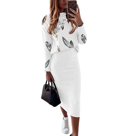 Long Sleeve Printed Turtleneck Tight Casual Hip Skirt