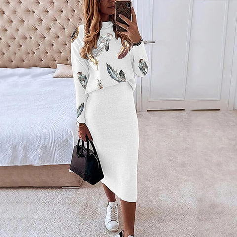 Long Sleeve Printed Turtleneck Tight Casual Hip Skirt